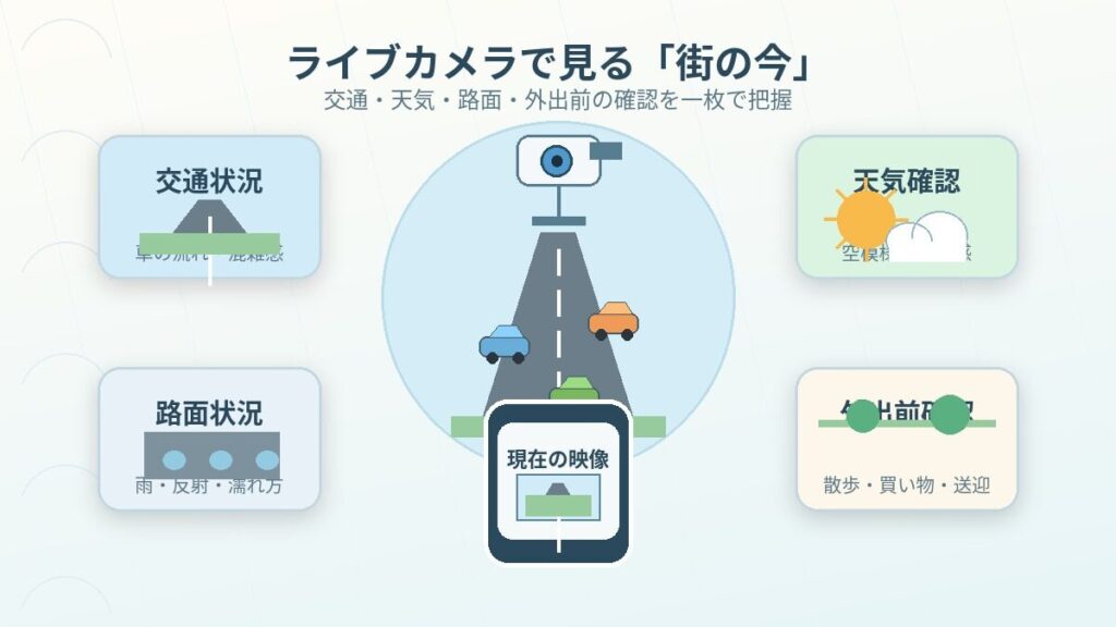 ライブカメラで交通状況、天気、路面状況、外出前の街の様子を確認する活用イメージ