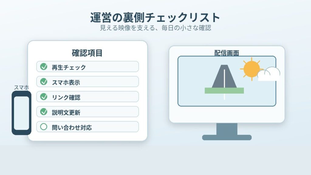 ライブカメラ運営で確認する再生チェック、スマートフォン表示、リンク確認、説明文更新、問い合わせ対応のチェックリスト