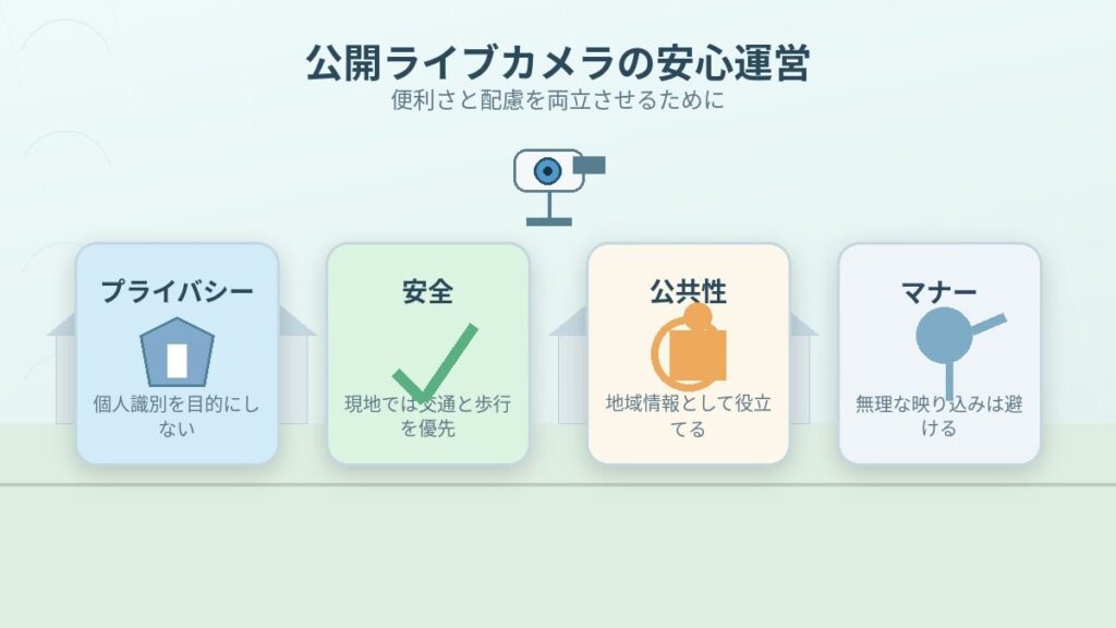 公開ライブカメラ運営で大切なプライバシー、安全、公共性、マナーへの配慮を示すインフォグラフィック
