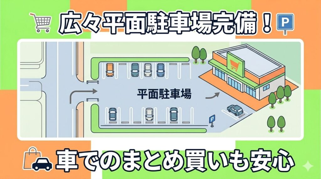 広々平面駐車場完備！車でのまとめ買いも安心の解説画像