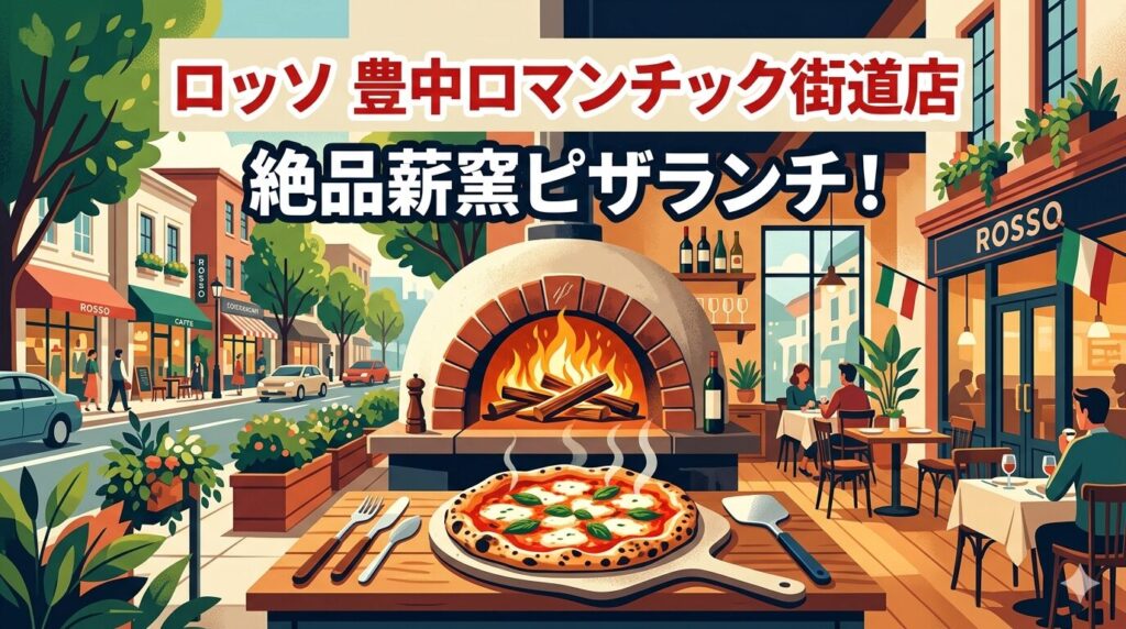 豊中ロマンチック街道にあるイタリアンレストラン「ロッソ」のアイキャッチ画像。薪窯と焼きたてピザ。