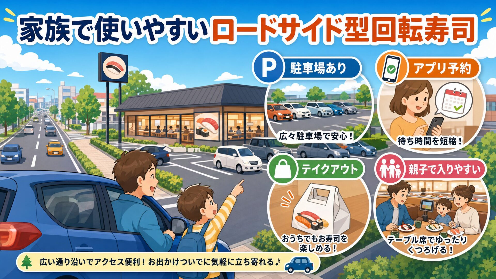 くら寿司 豊中春日町店の家族利用・駐車場・予約・テイクアウトの魅力を示すイメージ
