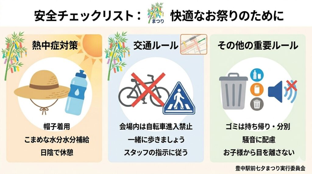 熱中症対策(帽子・水分)や自転車進入禁止のルールをシンプルに描いたアイコン風図解