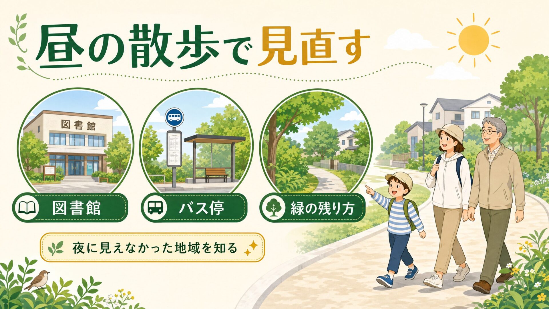 春日町と野畑周辺を昼に歩いて地域の自然をみる親子散歩図解