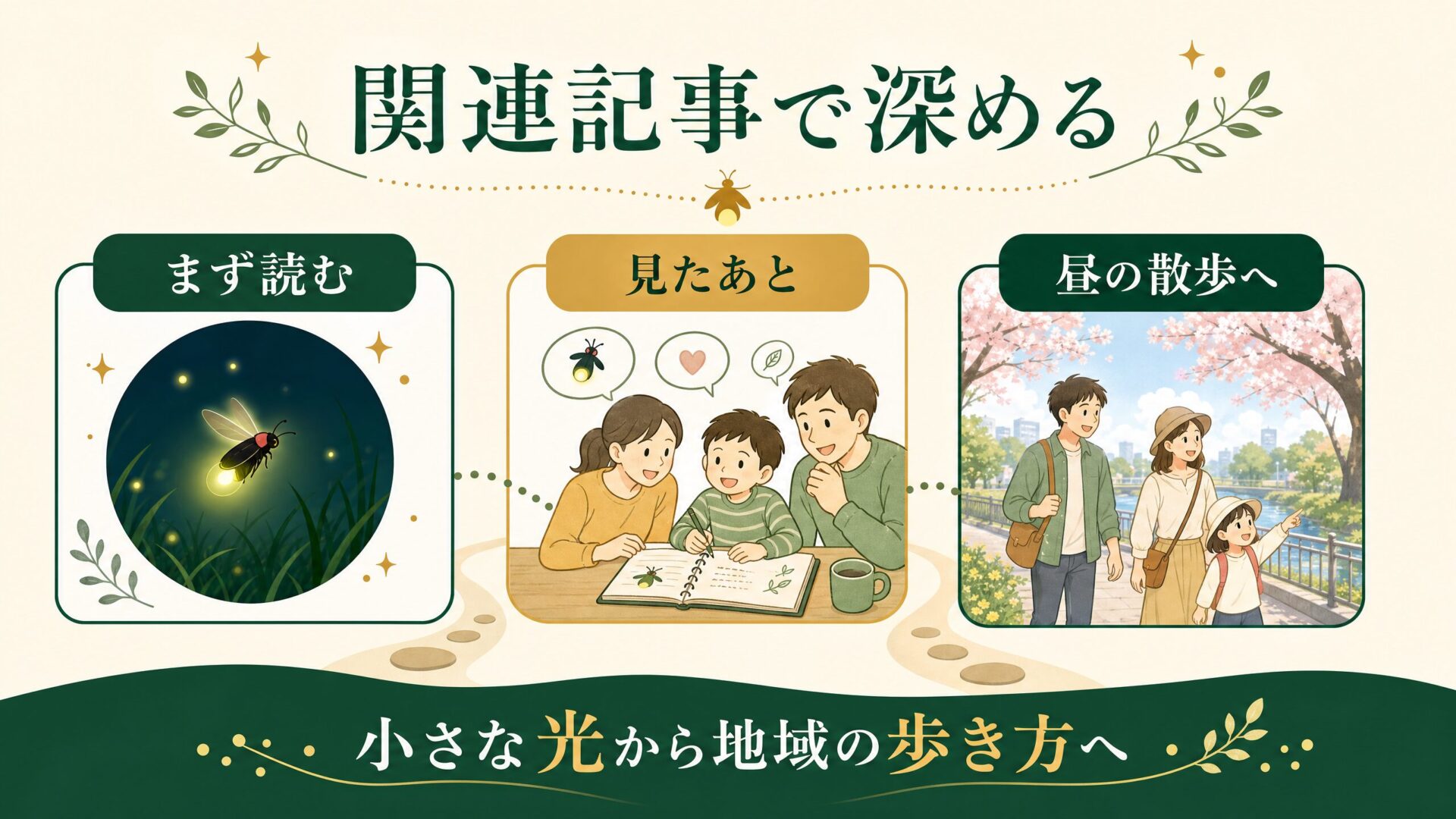 ヒメボタル元記事と続きと桜並木散歩をつなぐ記事案内関連