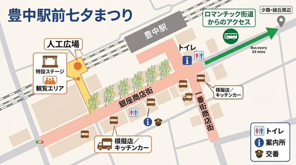 豊中駅前の一番街商店街、銀座商店街、人工広場を網羅した七夕まつり会場のわかりやすいマップイラスト