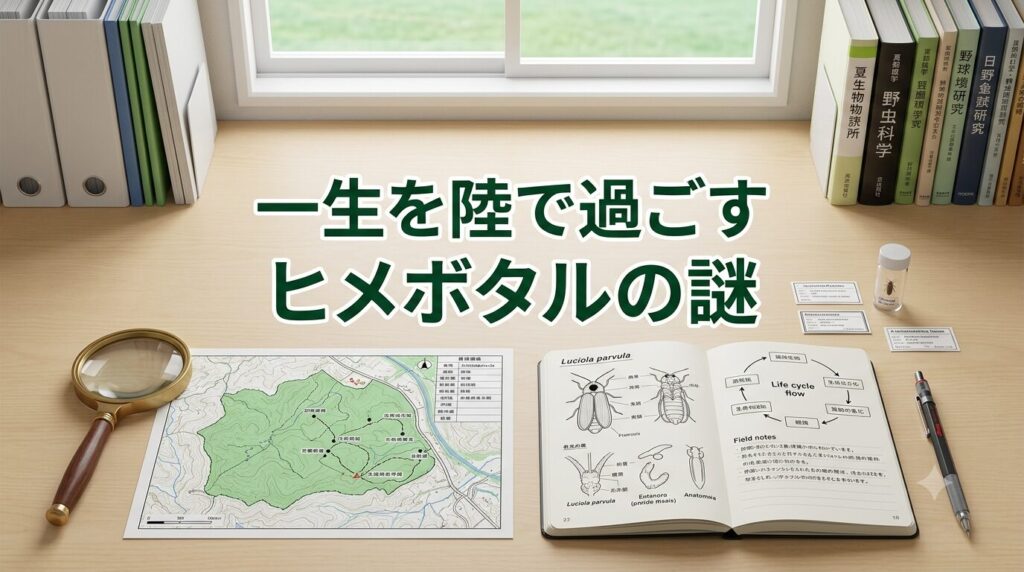 ヒメボタルの詳細なフィールド調査用フラットレイ。