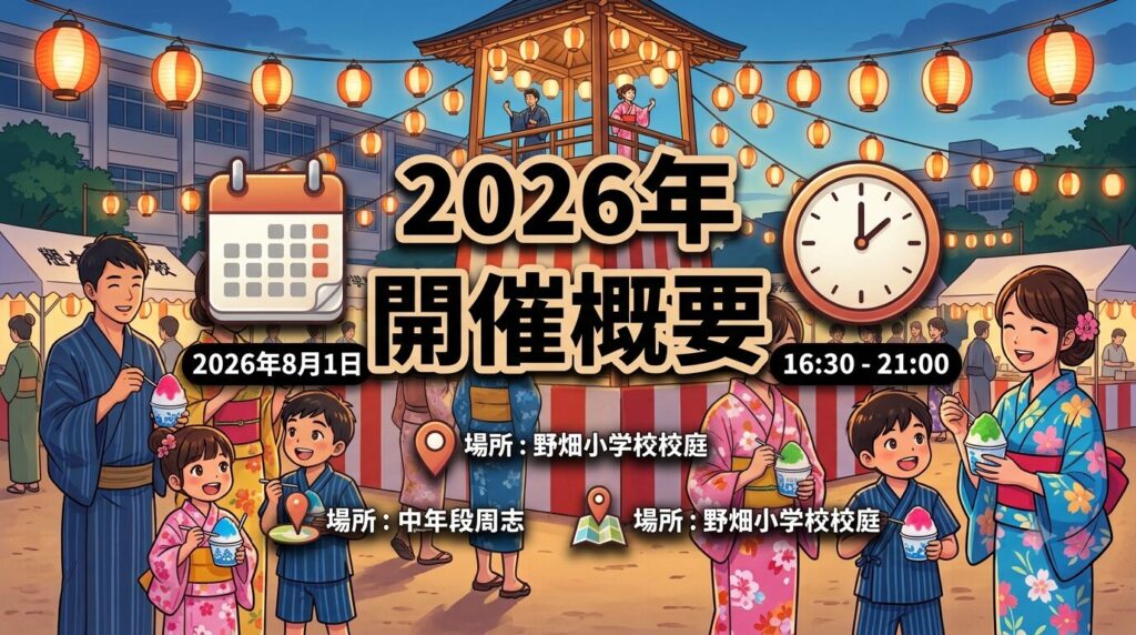 2026年野畑夏祭りの開催日程と時間を表すインフォグラフィック