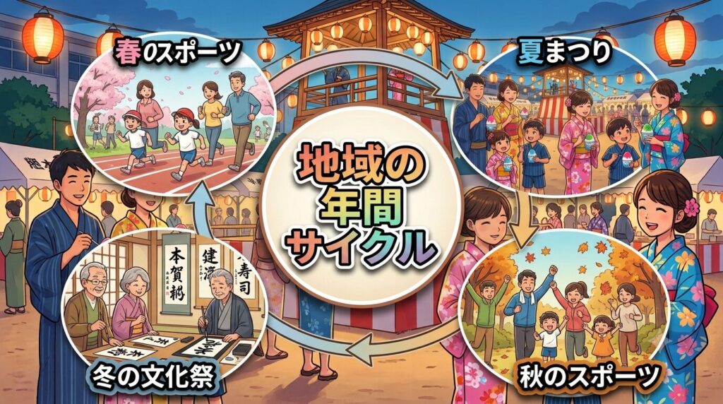 野畑校区における年間イベントサイクルと多世代交流の図解