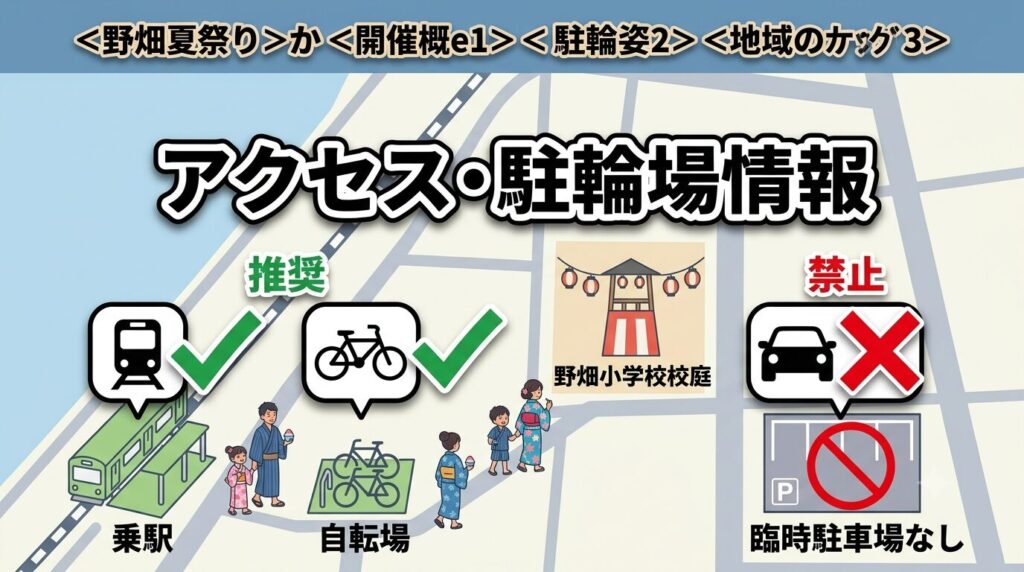 野畑夏祭りの車NG・自転車および公共交通機関推奨を表すアクセス検証マップ