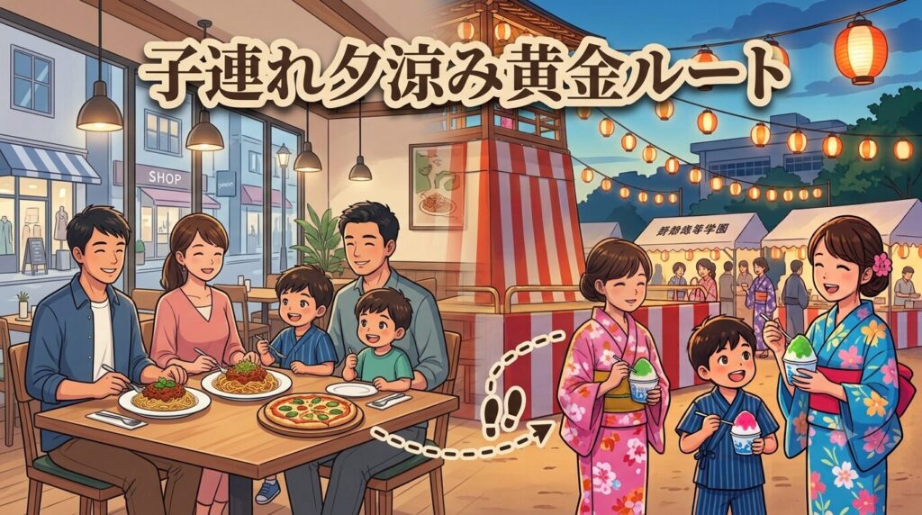 ロマンチック街道のカフェレストランから野畑夏祭りへ向かう子連れ夕涼みルートのイメージ