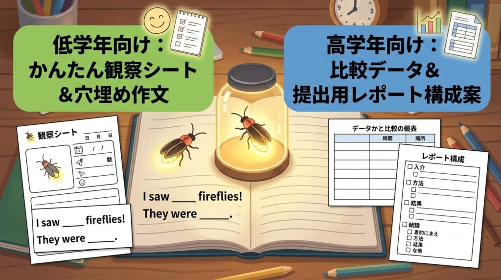 低学年向け・高学年向けに分かれたヒメボタル自由研究の構成案内画像