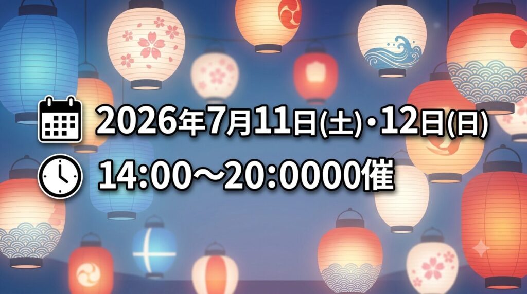 春日神社夏祭り2026の開催日程（7月11日・12日）と開催時間（14時〜20時）のインフォグラフィック案内。