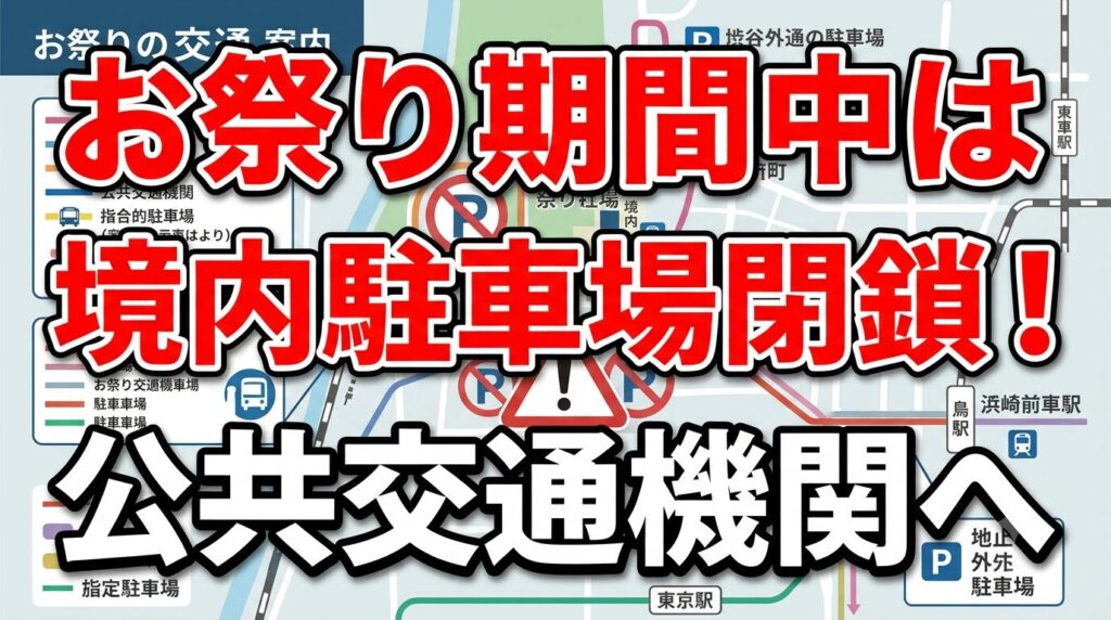 夏祭り期間中の境内駐車場閉鎖の警告と、周辺のコインパーキング情報をまとめたアクセス案内図。