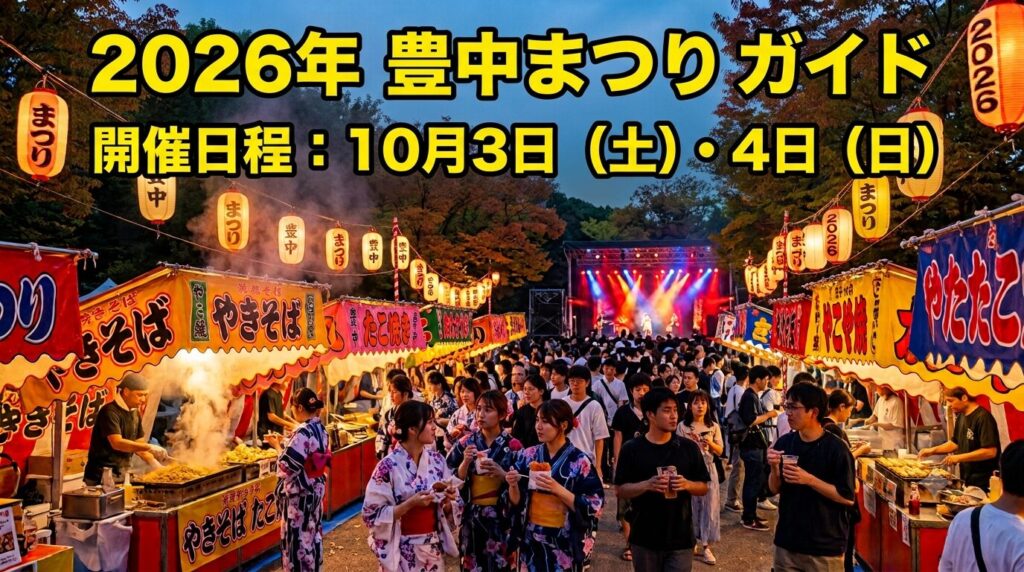 夕暮れ時に提灯が灯り大勢の人で賑わう豊中まつりの屋台と会場風景