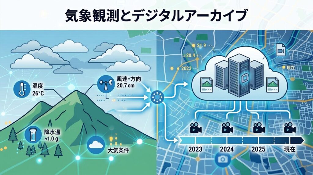 箕面の山々を対象とした局所的な気象観測と時系列データのデジタルアーカイブイメージ