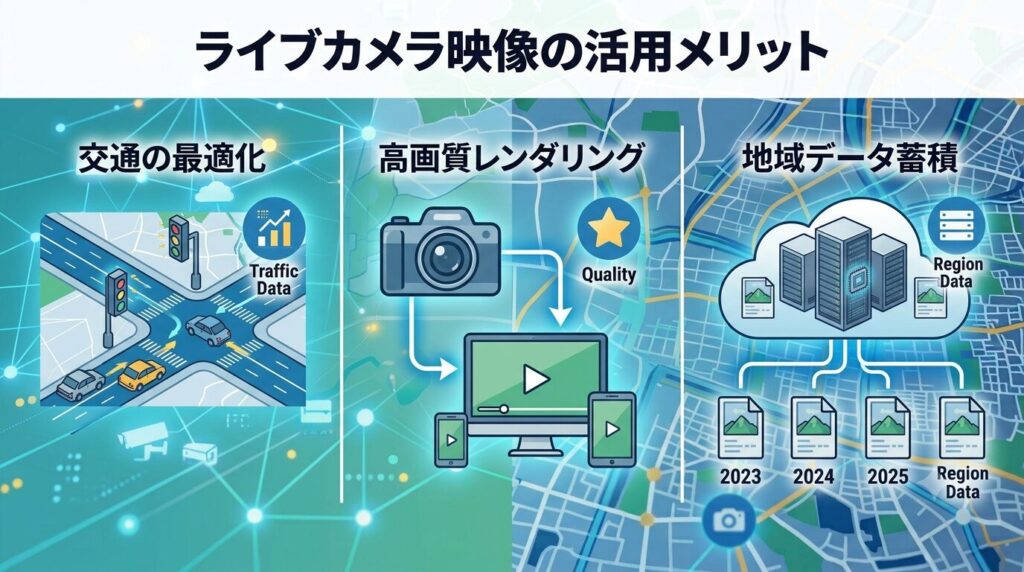 交通最適化、高画質表示、地域データ蓄積などの活用メリット一覧インフォグラフィック