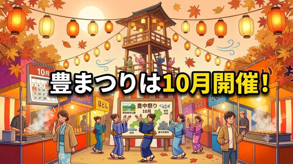 豊中まつり2026が10月の秋開催であることを示すカレンダーと紅葉のイラスト