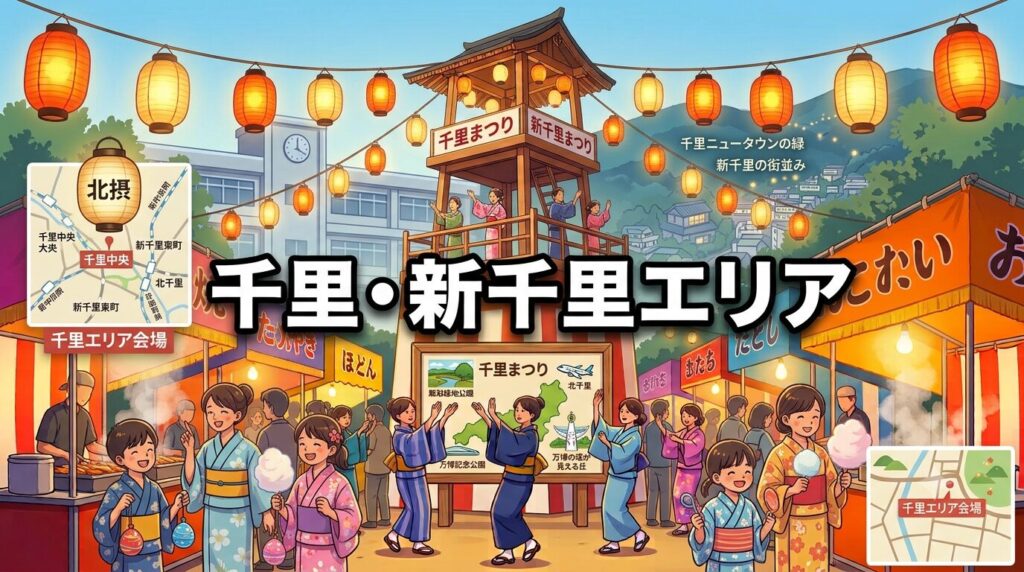 豊中市千里・新千里エリア(新田南小学校など)の夏祭りをイメージした賑やかなグラウンドのイラスト