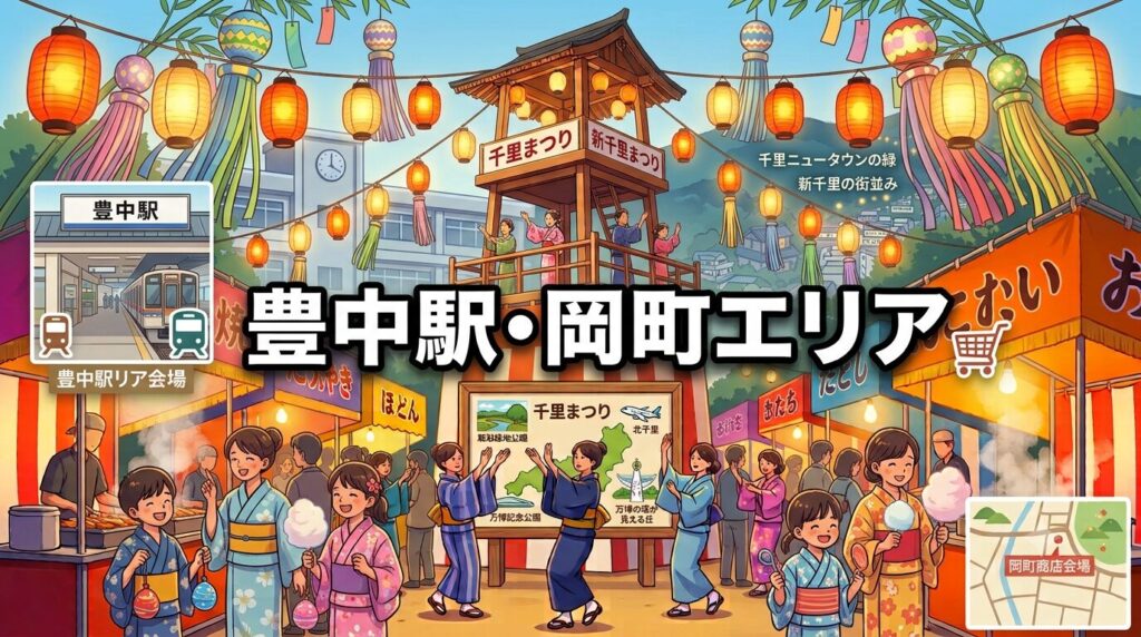 豊中駅前七夕まつりや大池小・克明小の夏祭りをイメージした駅前と七夕飾りのイラスト