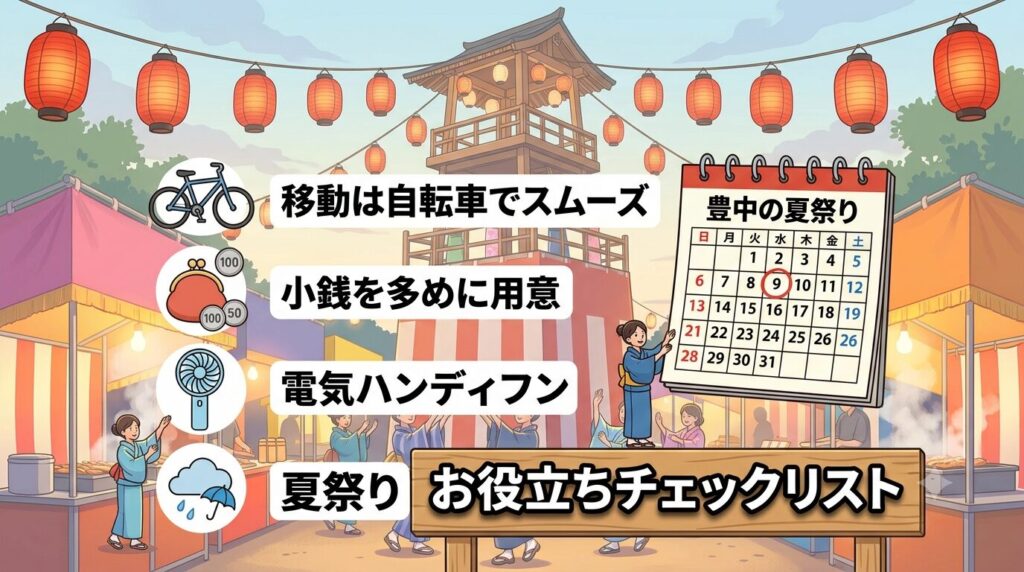 夏祭りの持ち物(小銭やハンディファン)や自転車移動の注意点を示すチェックリストのイラスト
